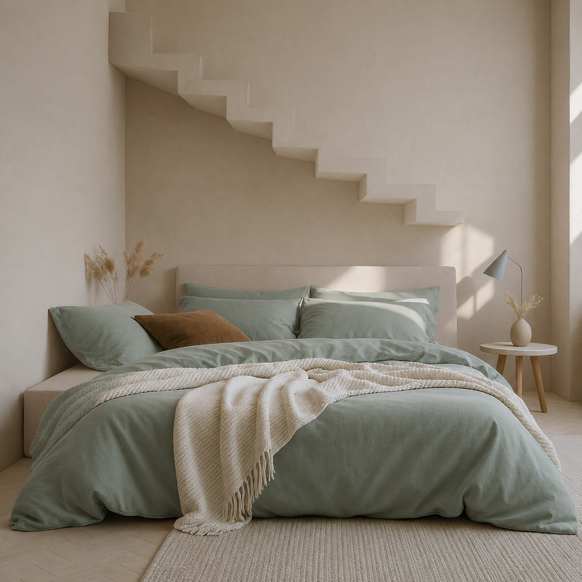 Dreamers Den Duvet Cover Half Linen Sage Green