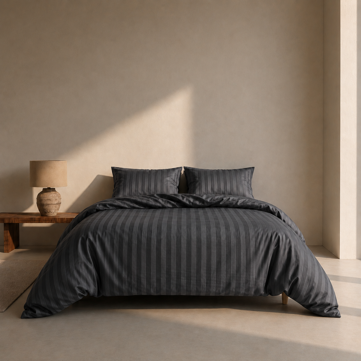 Duvet Cover 100% Cotton Sateen Stripe Dark Grey Anthracite