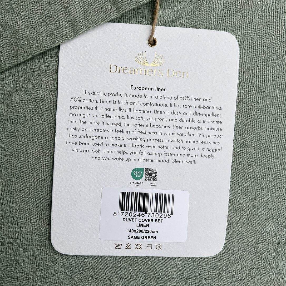 Dreamers Den Duvet Cover Half Linen Sage Green