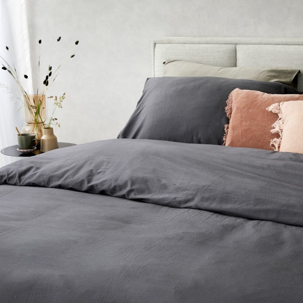 Duvet Cover 100% Washed Cotton Sateen Dark Grey 300TC