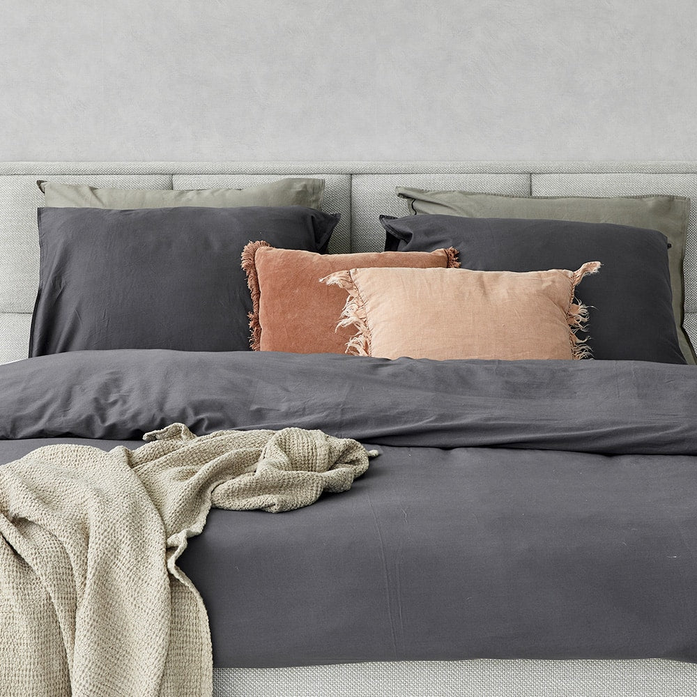 Dreamers Den Pillowcase Set 100% Washed Cotton Sateen Dark Grey 2x 60x70cm