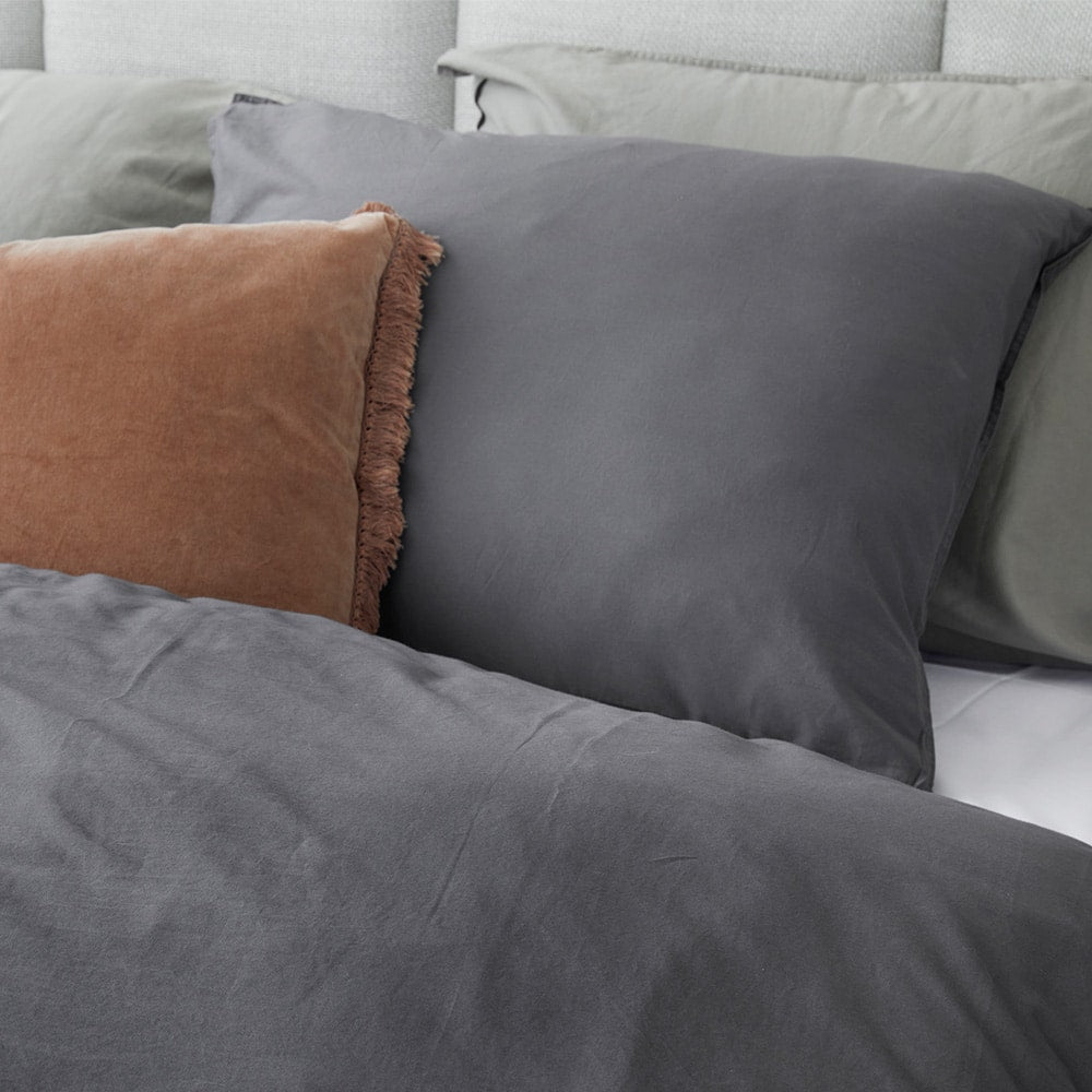 Dreamers Den Pillowcase Set 100% Washed Cotton Sateen Dark Grey 2x 60x70cm