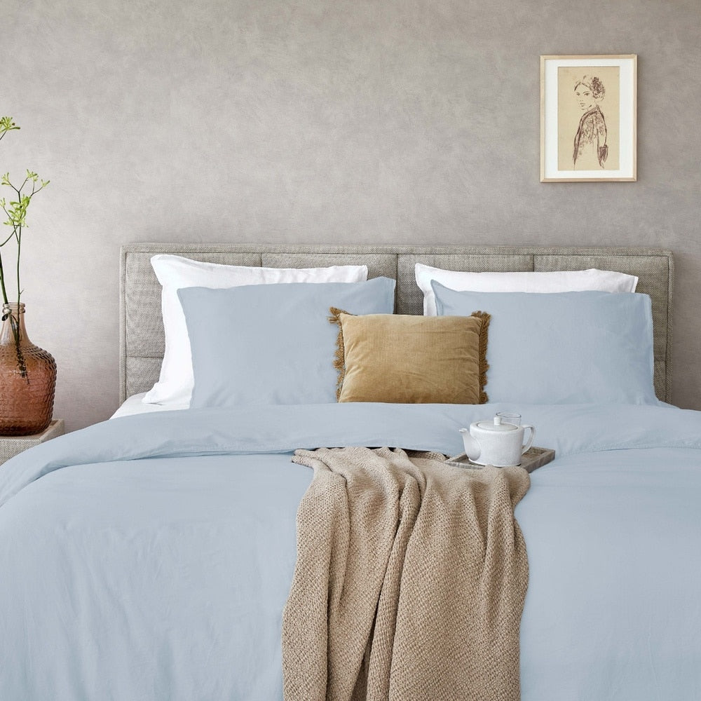 Duvet Cover 100% Washed Cotton Sateen Sky Blue 300TC